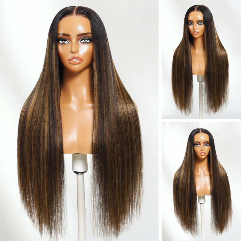 Klaiyi 13×4 Yaki Straight Balayage Highlight Lace Front Wig Put on and Go with Invisible Drawstring Human Hair Wigs