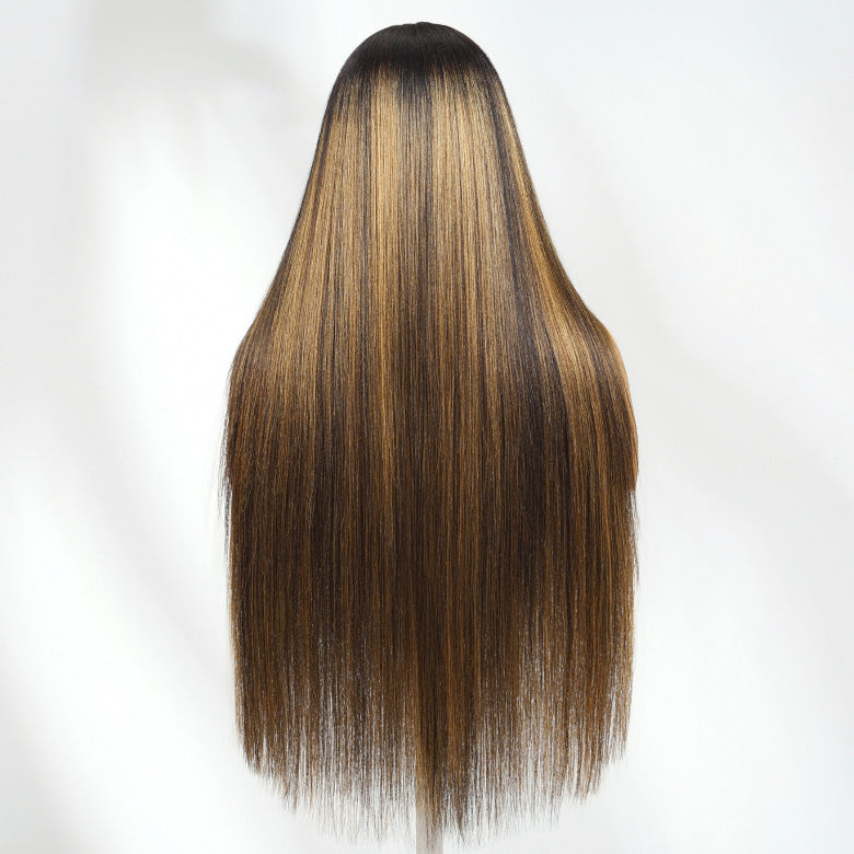 Klaiyi 13×4 Yaki Straight Balayage Highlight Lace Front Wig Put on and Go with Invisible Drawstring Human Hair Wigs