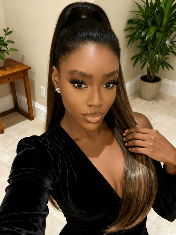 Klaiyi 13×4 Yaki Straight Balayage Highlight Lace Front Wig Put on and Go with Invisible Drawstring Human Hair Wigs