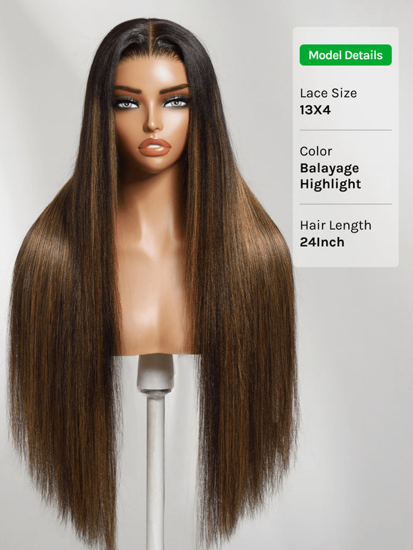 Klaiyi 13×4 Yaki Straight Balayage Highlight Lace Front Wig Put on and Go with Invisible Drawstring Human Hair Wigs