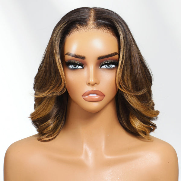 Klaiyi Balayage Brown French 13×4 Pre Everything Shoulder Length Loose Bob Lace Frontal Wig Put On and Go With Invisi Drawstring