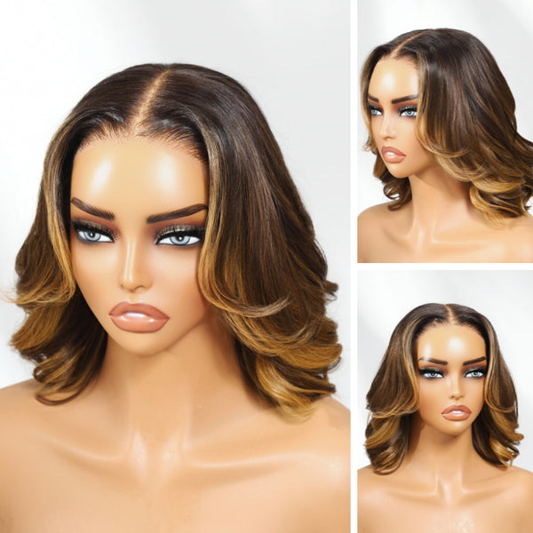 Klaiyi Balayage Brown French 13×4 Pre Everything Shoulder Length Loose Bob Lace Frontal Wig Put On and Go With Invisi Drawstring