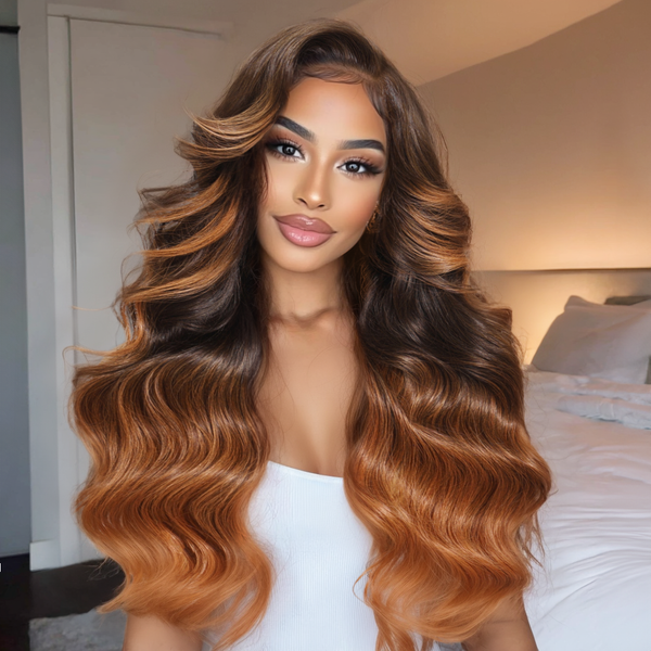 Klaiyi 13x4 Dark Brown Auburn Highlight Lace Frontal Loose Wave Wig Pre-Everything Put On and Go with Invisi-Drawstring