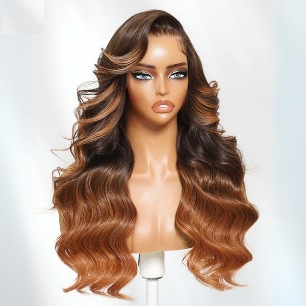 Klaiyi 13x4 Dark Brown Auburn Highlight Lace Frontal Loose Wave Wig Pre-Everything Put On and Go with Invisi-Drawstring
