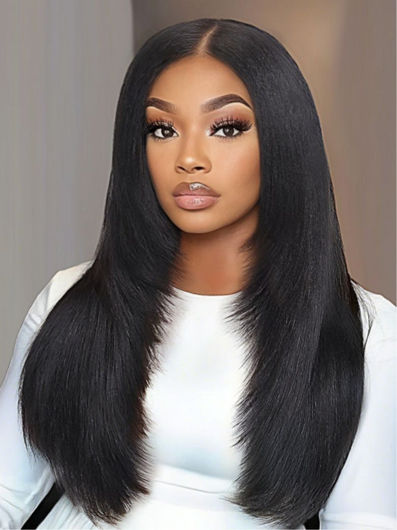 Klaiyi Yaki Straight 13x4 Pre Everything Lace Frontal Face-framing Reathered Layers Wig Put On and Go With Invisi Drawstring