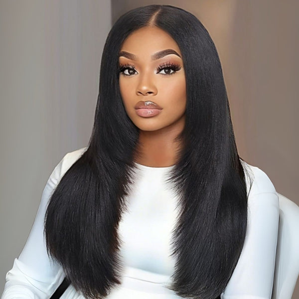 Klaiyi Yaki Straight 13x4 Pre Everything Lace Frontal Face-framing Reathered Layers Wig Put On and Go With Invisi Drawstring
