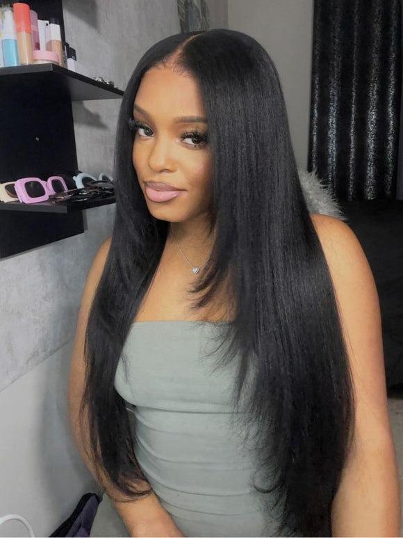 Klaiyi Yaki Straight 13x4 Pre Everything Lace Frontal Face-framing Reathered Layers Wig Put On and Go With Invisi Drawstring