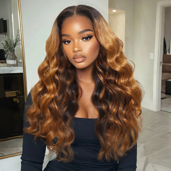 Klaiyi Ginger With Cinnamon Brown highlight 13×4 Pre Everything Loose Body Wave Lace Frontal Put on and Go Wig With Invisible Drawstring