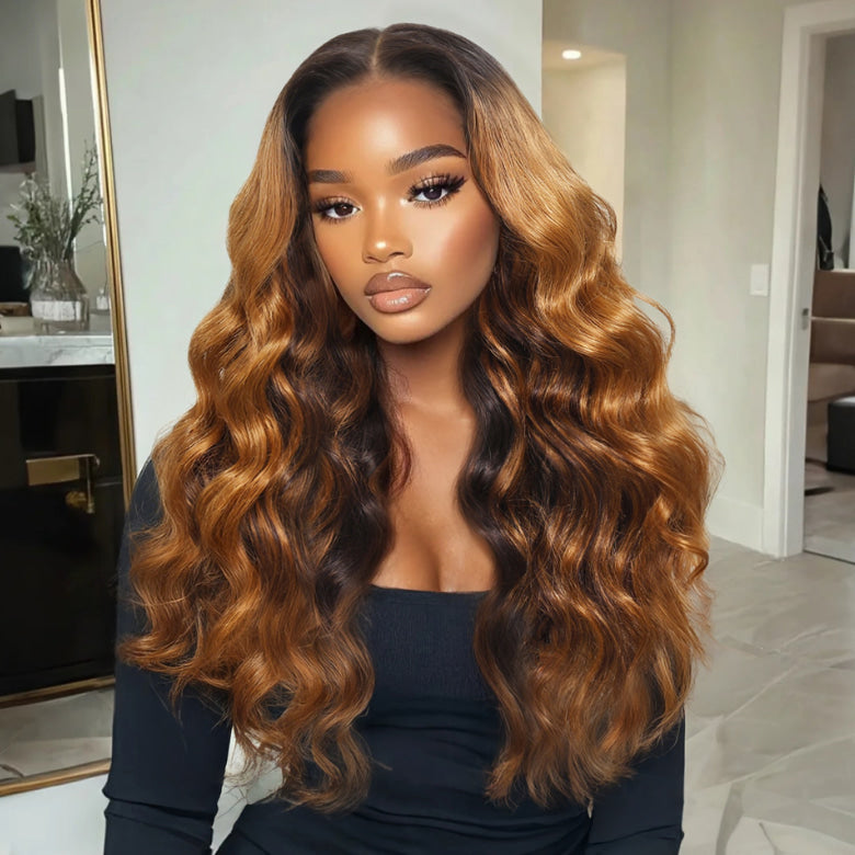 Klaiyi Ginger With Cinnamon Brown highlight 13×4 Pre Everything Loose Body Wave Lace Frontal Put on and Go Wig With Invisible Drawstring