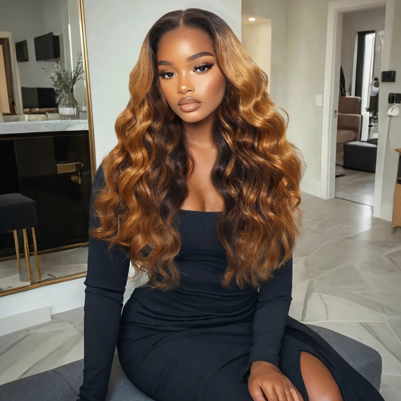 Klaiyi Ginger With Cinnamon Brown highlight 13×4 Pre Everything Loose Body Wave Lace Frontal Put on and Go Wig With Invisible Drawstring