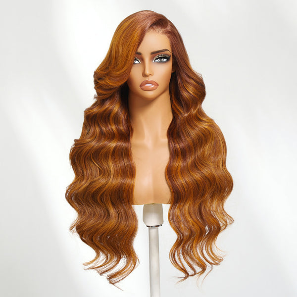 Klaiyi Ginger With Cinnamon Brown highlight 13×4 Pre Everything Loose Body Wave Lace Frontal Put on and Go Wig With Invisible Drawstring