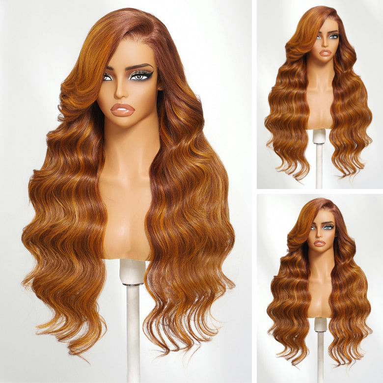 Klaiyi Ginger With Cinnamon Brown highlight 13×4 Pre Everything Loose Body Wave Lace Frontal Put on and Go Wig With Invisible Drawstring