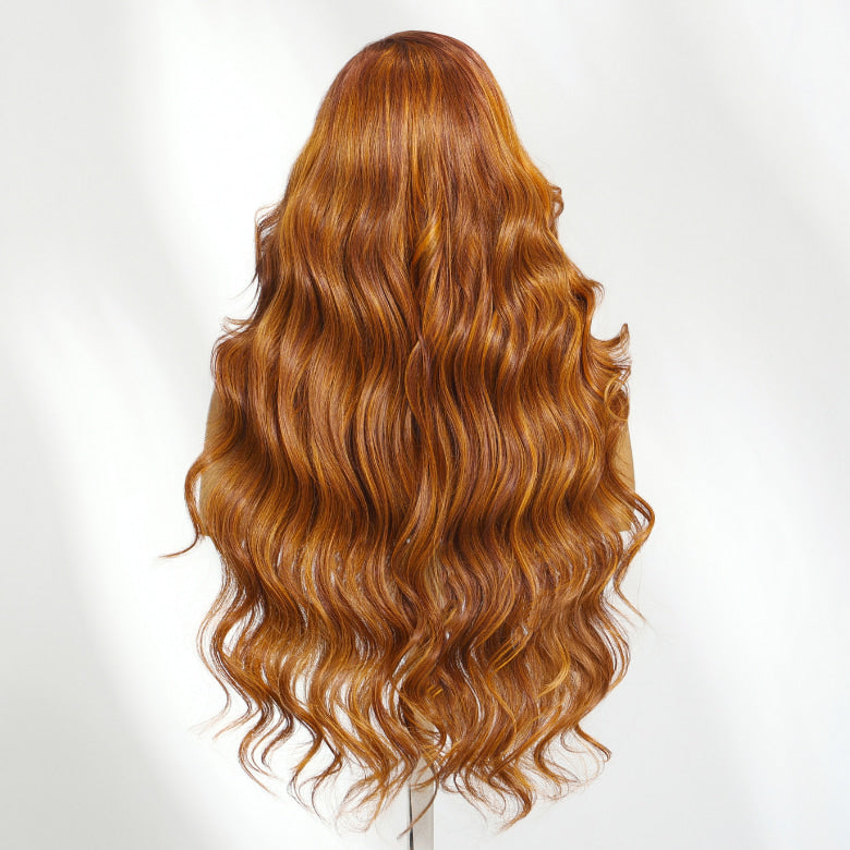 Klaiyi Ginger With Cinnamon Brown highlight 13×4 Pre Everything Loose Body Wave Lace Frontal Put on and Go Wig With Invisible Drawstring