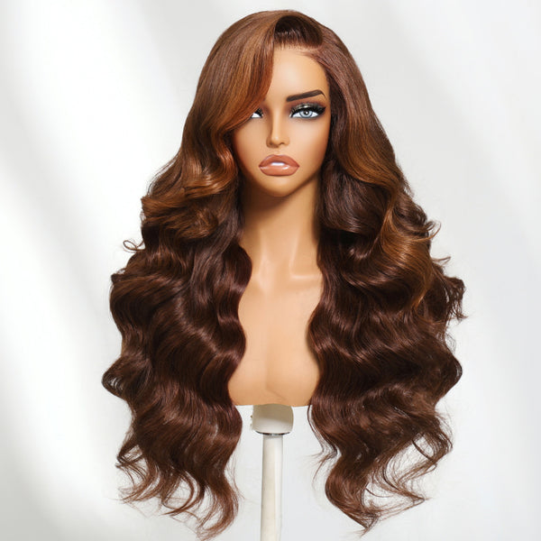 Klaiyi 13×4 Warm Chestnut Brown Soft Body Wave Face-Framing layers Lace Frontal Wig with Invisi-Drawstring
