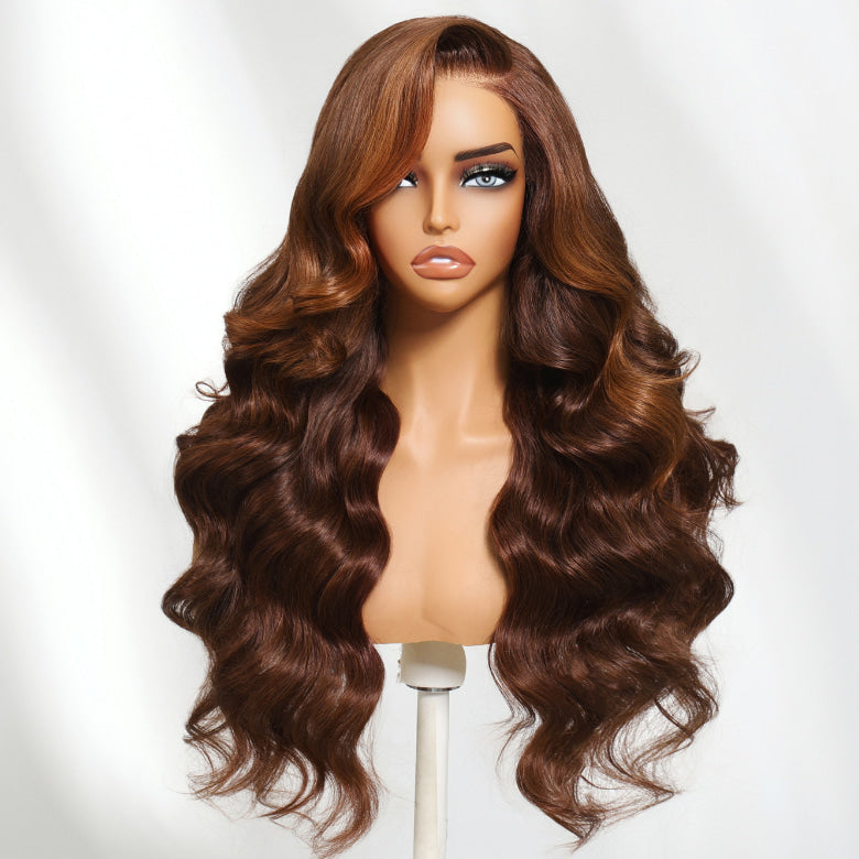 Klaiyi 13×4 Warm Chestnut Brown Soft Body Wave Face-Framing layers Lace Frontal Wig with Invisi-Drawstring