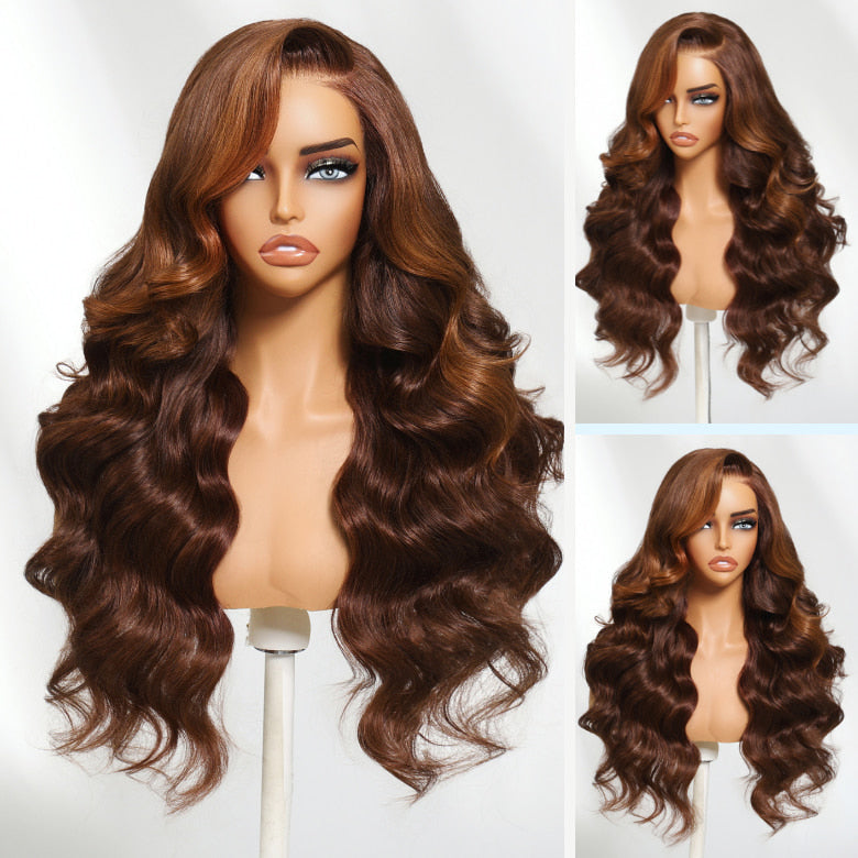 Klaiyi 13×4 Warm Chestnut Brown Soft Body Wave Face-Framing layers Lace Frontal Wig with Invisi-Drawstring