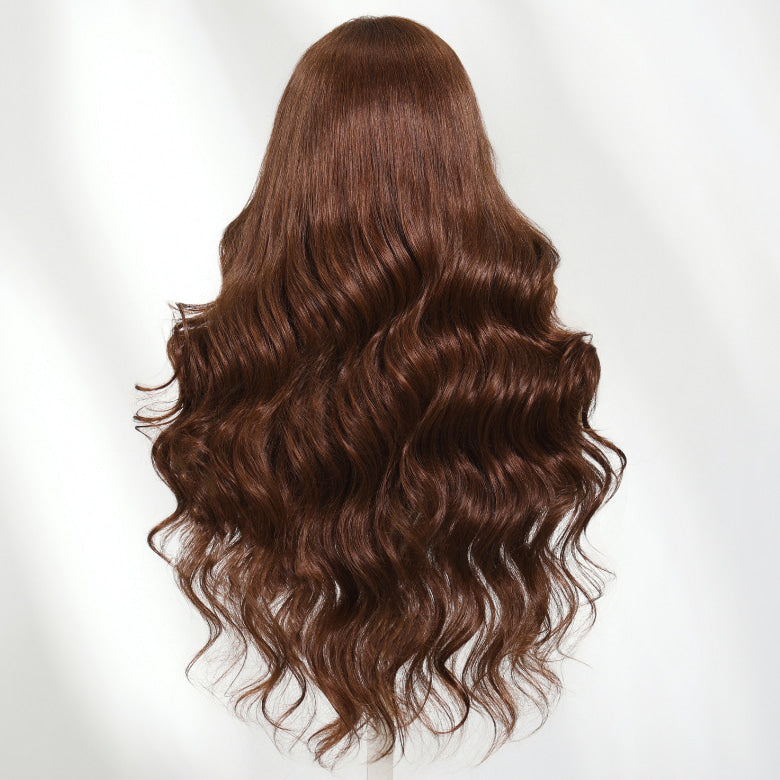 Klaiyi 13×4 Warm Chestnut Brown Soft Body Wave Face-Framing layers Lace Frontal Wig with Invisi-Drawstring