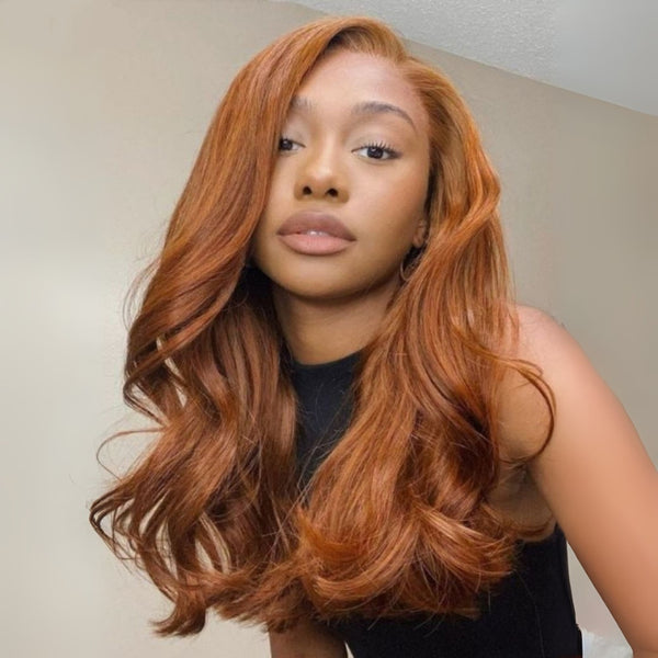 Klaiyi Copper Brown Side Part Body Wave 13×4 Put On And Go Glueless Wig With Invisible Drawstring