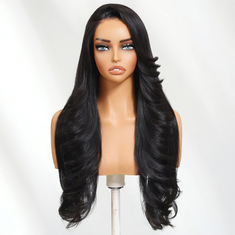 Klaiyi 13x4 Pre Everything Soft Feathered Curls Luxury Layered Wave Face-Framing Lace Frontal Wig with Invisi-Drawstring
