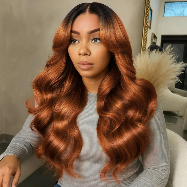 Klaiyi Reddish Copper Brown 13×4 Loose Wave Face Framing Put on and Go Glueless Human Hair Wig