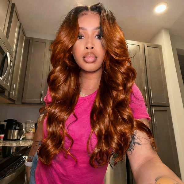 Klaiyi Reddish Copper Brown 13×4 Loose Wave Face Framing Put on and Go Glueless Human Hair Wig