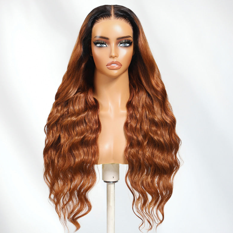 Klaiyi Reddish Copper Brown 13×4 Loose Wave Face Framing Put on and Go Glueless Human Hair Wig