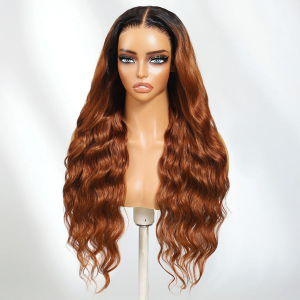 Klaiyi Reddish Copper Brown 13×4 Loose Wave Face Framing Put on and Go Glueless Human Hair Wig
