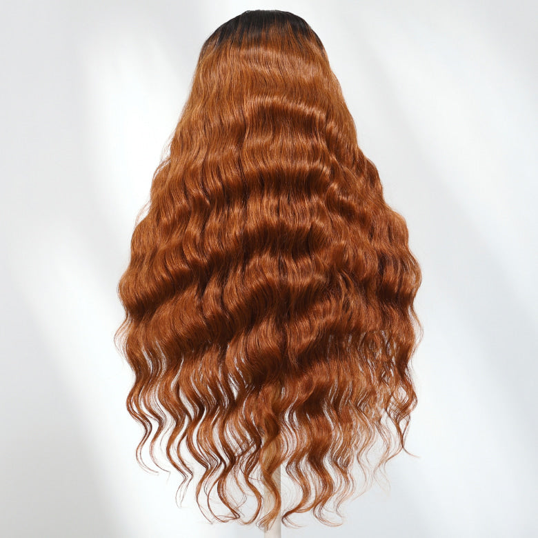 Klaiyi Reddish Copper Brown 13×4 Loose Wave Face Framing Put on and Go Glueless Human Hair Wig
