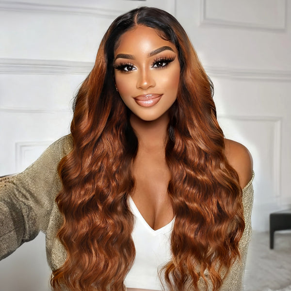 Klaiyi Reddish Copper Brown 13×4 Loose Wave Face Framing Put on and Go Glueless Human Hair Wig