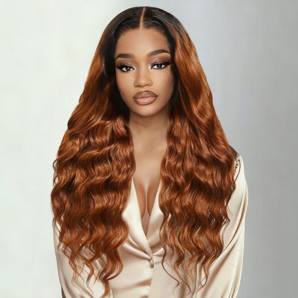 Klaiyi Reddish Copper Brown 13×4 Loose Wave Face Framing Put on and Go Glueless Human Hair Wig