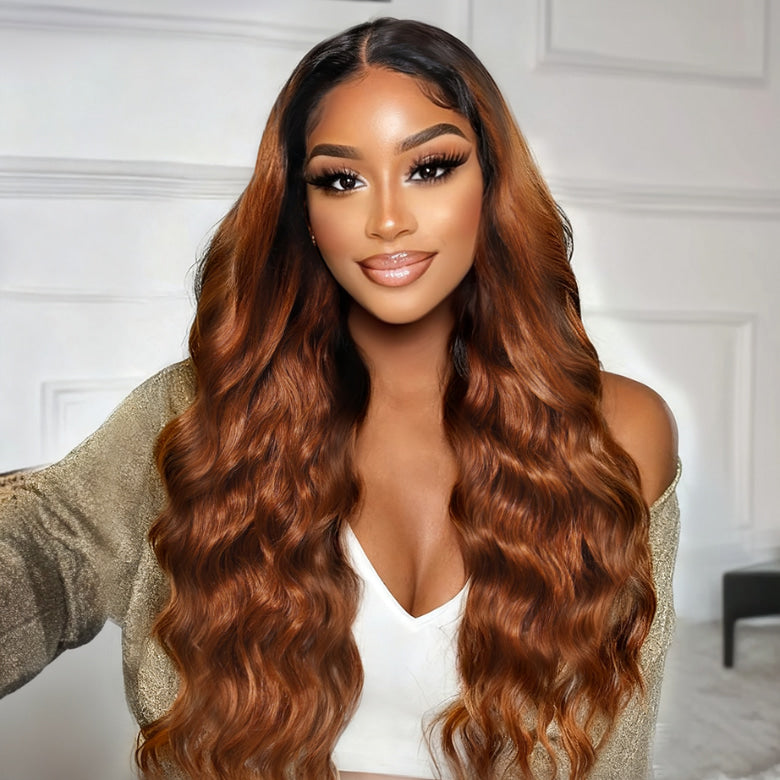 Klaiyi Reddish Copper Brown 13×4 Loose Wave Face Framing Put on and Go Glueless Human Hair Wig