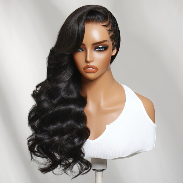 Klaiyi 13x4 Pre-Everything™ Voluminous Wave Wig with Boho Micro Cornrows Side Braids Glueless Human Hair Wig with Invisi Drawstring