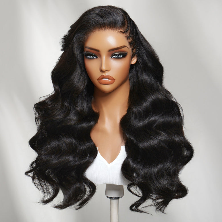 Klaiyi 13x4 Pre-Everything™ Voluminous Wave Wig with Boho Micro Cornrows Side Braids Glueless Human Hair Wig with Invisi Drawstring