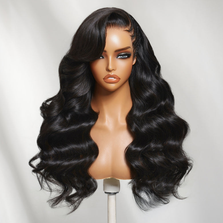 Klaiyi 13x4 Pre-Everything™ Voluminous Wave Wig with Boho Micro Cornrows Side Braids Glueless Human Hair Wig with Invisi Drawstring