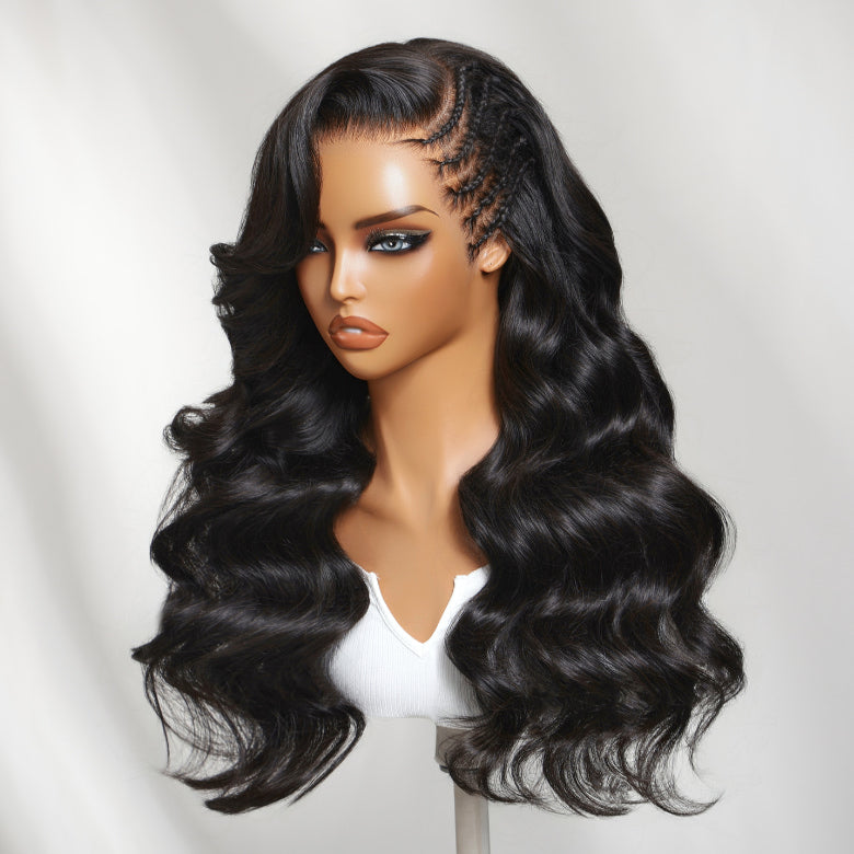 Klaiyi 13x4 Pre-Everything™ Voluminous Wave Wig with Boho Micro Cornrows Side Braids Glueless Human Hair Wig with Invisi Drawstring