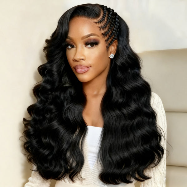 Klaiyi 13x4 Pre-Everything™ Voluminous Wave Wig with Boho Micro Cornrows Side Braids Glueless Human Hair Wig with Invisi Drawstring