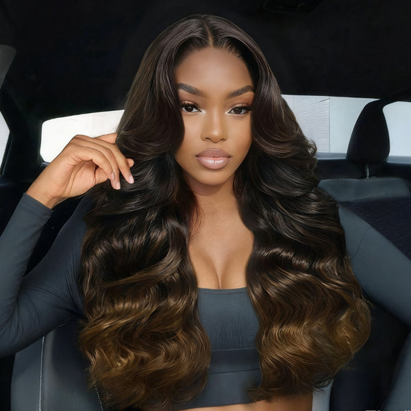 Klaiyi 13x4 Chestnut Brown Ombre Lace Frontal Loose Wave Face-Framing Layers Wig with Invisi-Drawstring