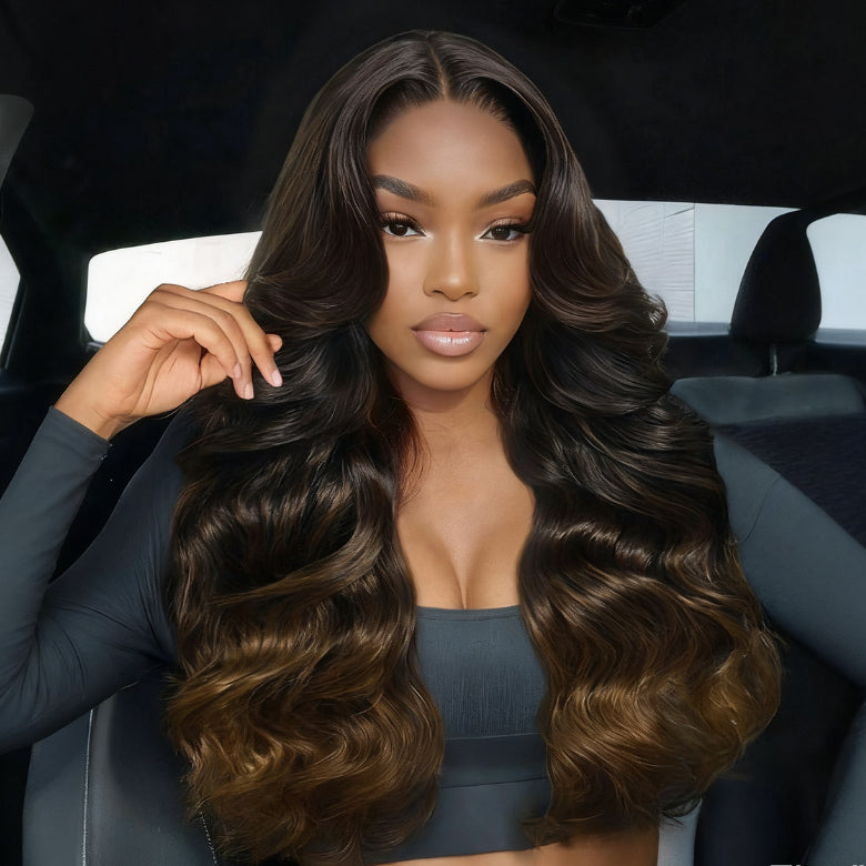 Klaiyi 13x4 Chestnut Brown Ombre Lace Frontal Loose Wave Face-Framing Layers Wig with Invisi-Drawstring