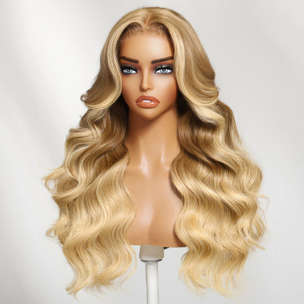 Klaiyi 13x4 Golden Blonde Highlights Layered Loose Wave with Face-Framing Curtain Bangs Put On And Go Wig with Invisi Drawstring