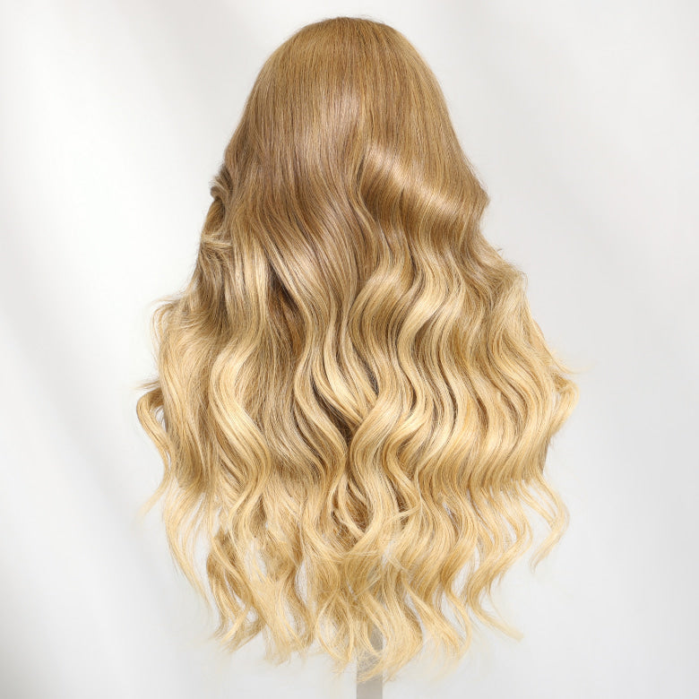 Klaiyi 13x4 Golden Blonde Highlights Layered Loose Wave with Face-Framing Curtain Bangs Put On And Go Wig with Invisi Drawstring