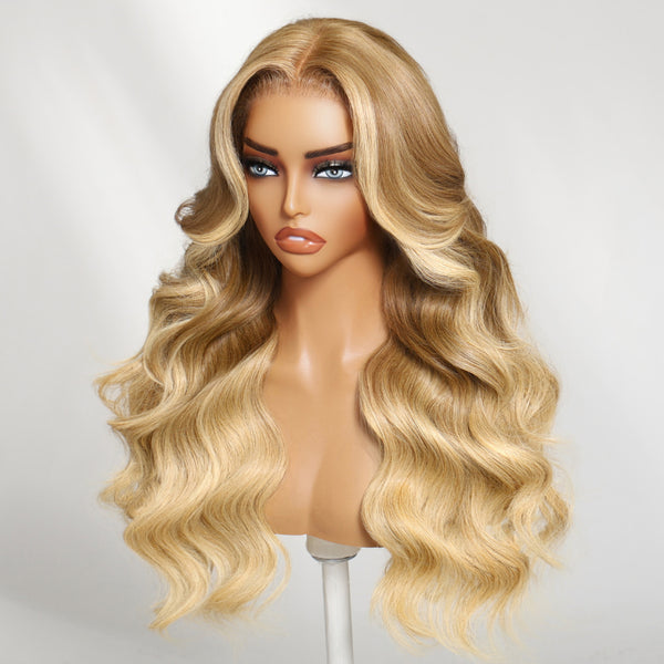 Klaiyi 13x4 Golden Blonde Highlights Layered Loose Wave with Face-Framing Curtain Bangs Put On And Go Wig with Invisi Drawstring