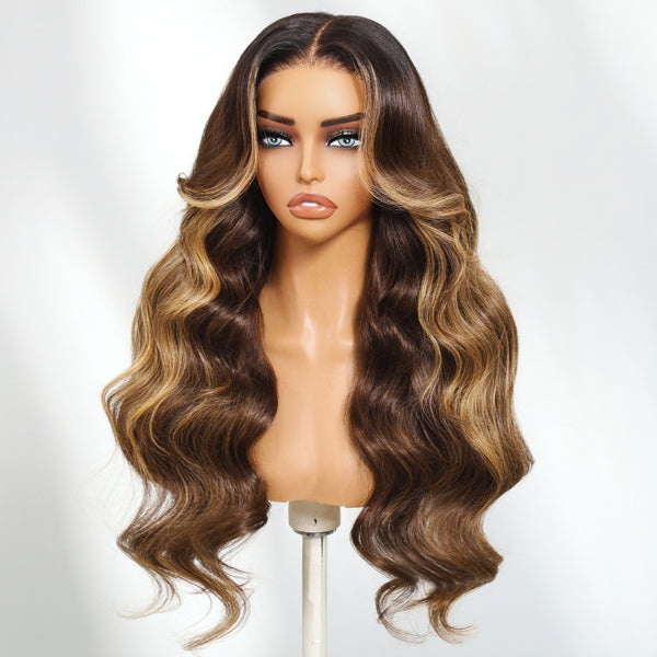 Klaiyi 13×4 Honey Blonde Highlights Loose Wave Balayage Lace Wig With Invisible Drawstring