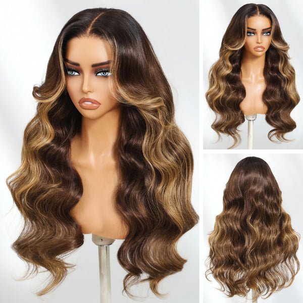 Klaiyi 13×4 Honey Blonde Highlights Loose Wave Balayage Lace Wig With Invisible Drawstring