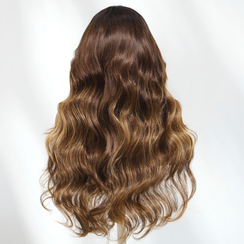 Klaiyi 13×4 Honey Blonde Highlights Loose Wave Balayage Lace Wig With Invisible Drawstring
