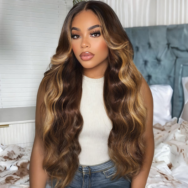 Klaiyi 13×4 Honey Blonde Highlights Loose Wave Balayage Lace Wig With Invisible Drawstring