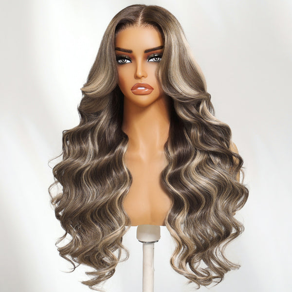 Klaiyi 13x4 Dark Brown with Platinum Blonde Highlights Loose Wave Face-Framing Layers Lace Frontal Wig with Invisi-Drawstring