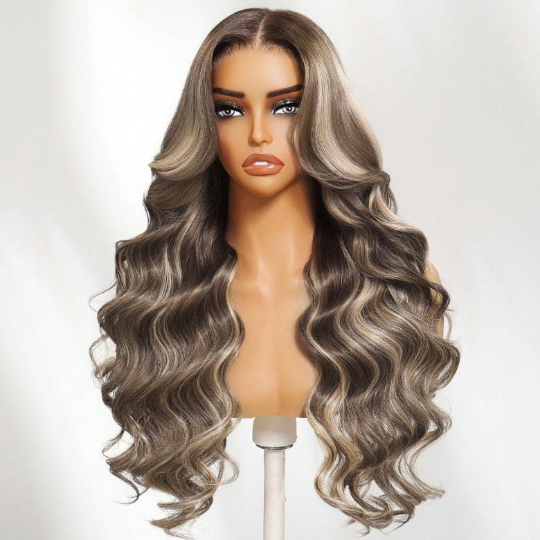 Klaiyi 13x4 Dark Brown with Platinum Blonde Highlights Loose Wave Face-Framing Layers Lace Frontal Wig with Invisi-Drawstring