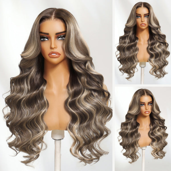 Klaiyi 13x4 Dark Brown with Platinum Blonde Highlights Loose Wave Face-Framing Layers Lace Frontal Wig with Invisi-Drawstring