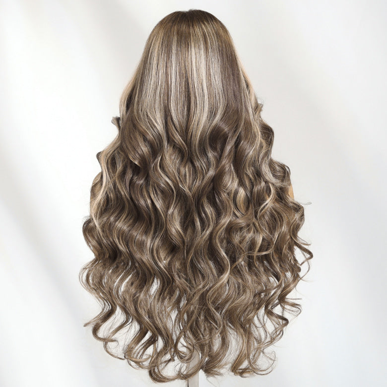 Klaiyi 13x4 Dark Brown with Platinum Blonde Highlights Loose Wave Face-Framing Layers Lace Frontal Wig with Invisi-Drawstring