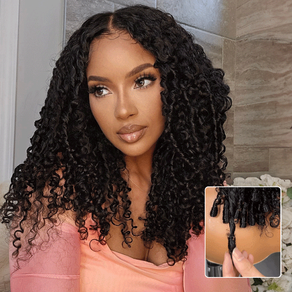 Klaiyi 13×4 Pre Everything Curly Hair with Finger Coil Ends Put on and Go Glueless Human Hair Wig